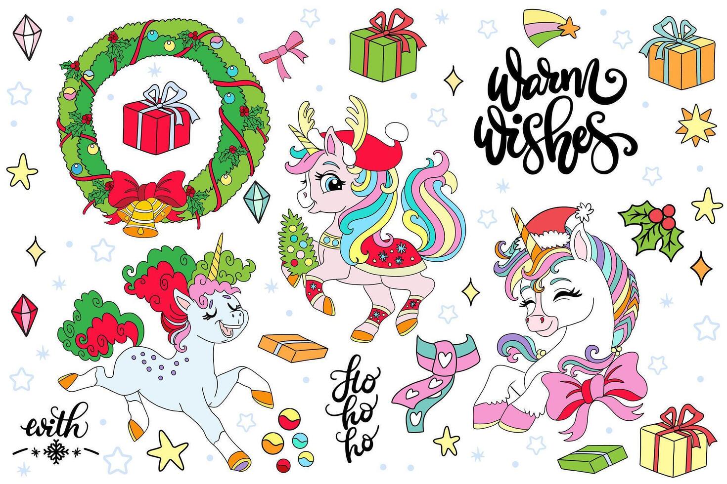 Collection with winter unicorn and Christmas elements stickers vector