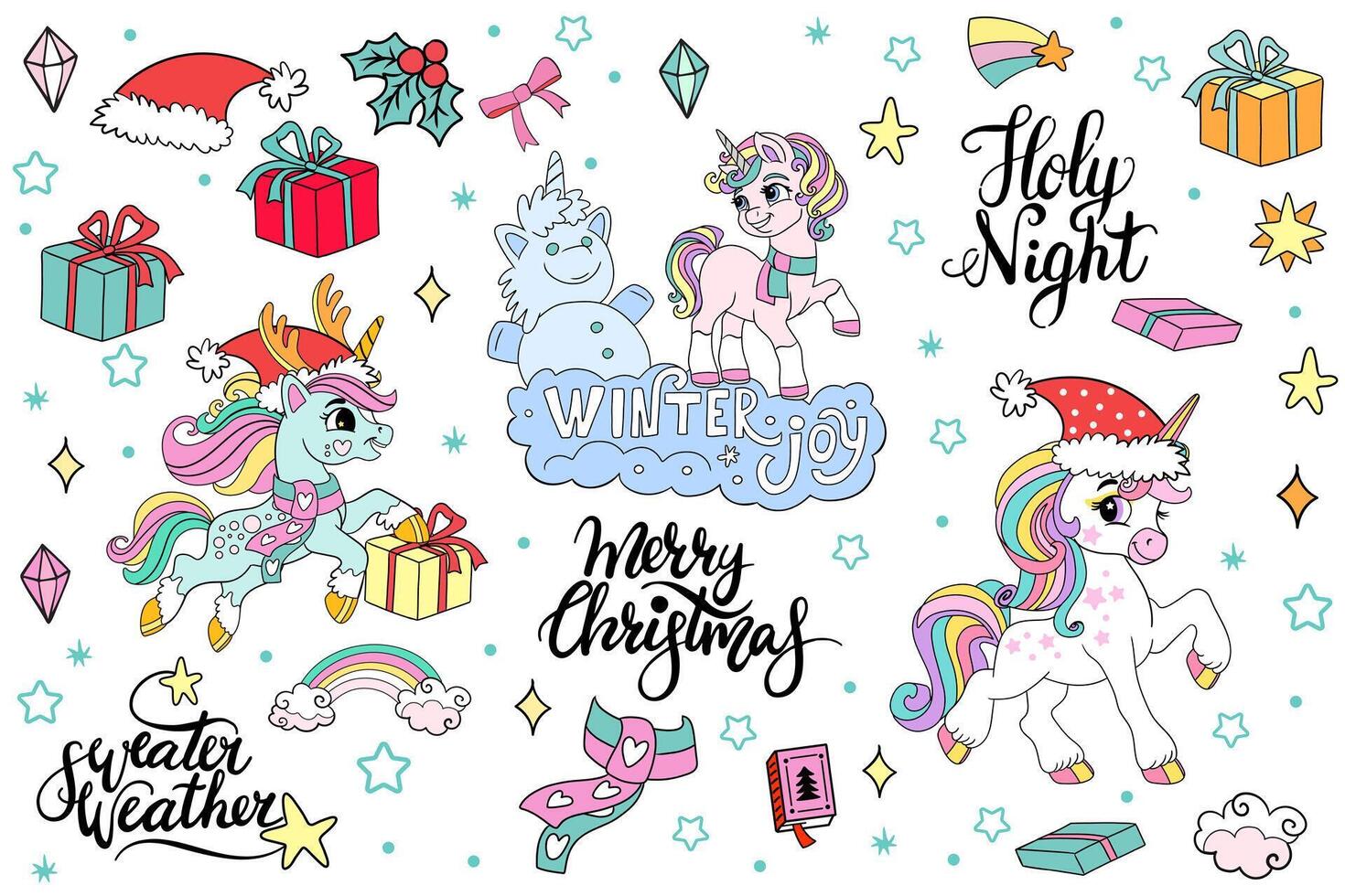 Collection with winter unicorn and elements stickers vector