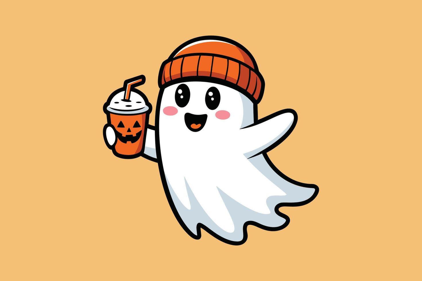 Cute Ghost Boo Holding a Ghostly Bubble Tea Drink and Smiling vector