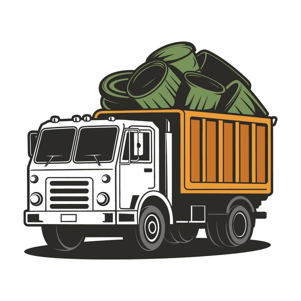 Garbage Truck Carrying Waste Bins for Recycling Concept vector