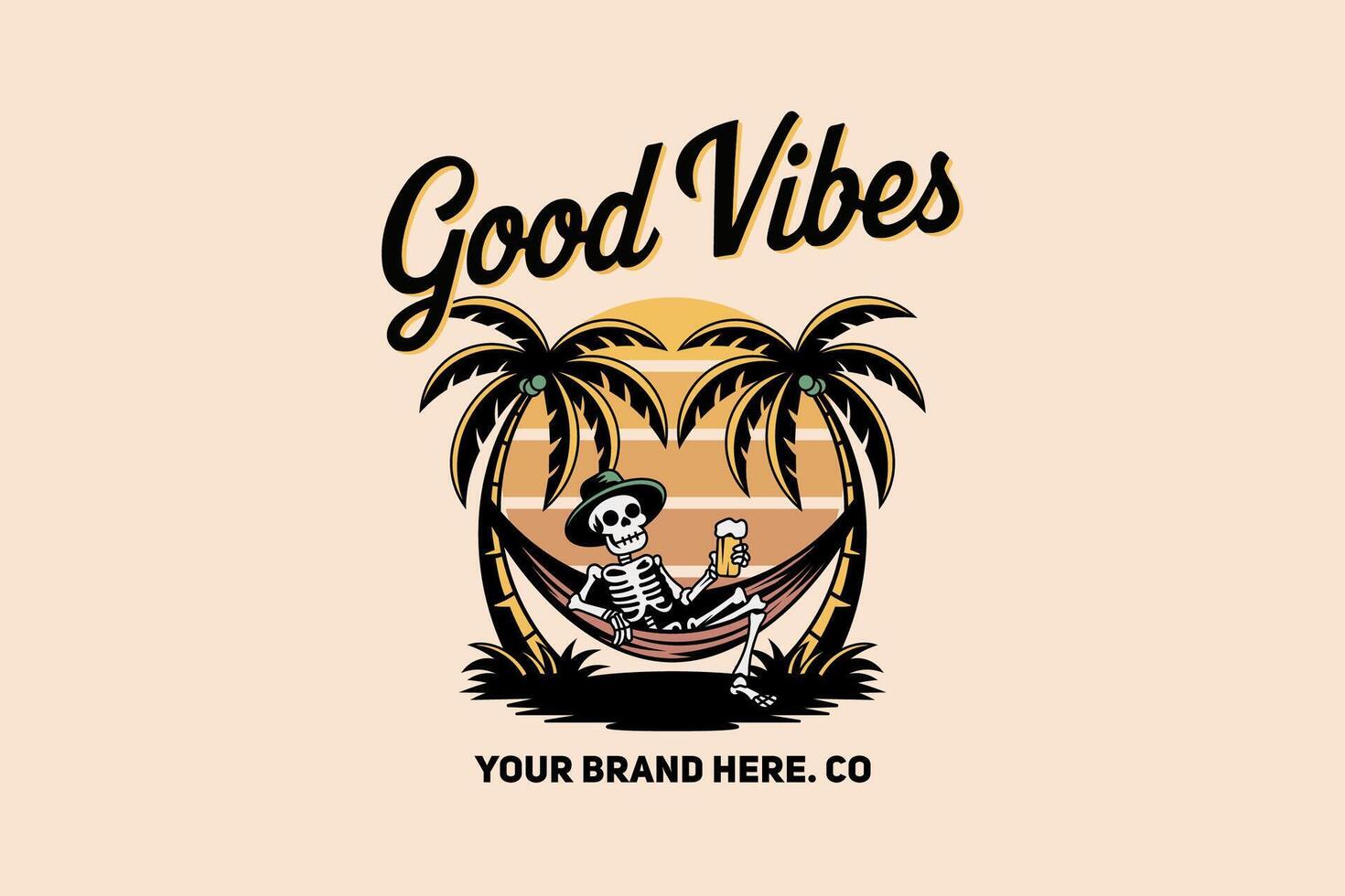 Skull Drinking Beer with Palm Trees and Sunset in a Summer Vibe vector