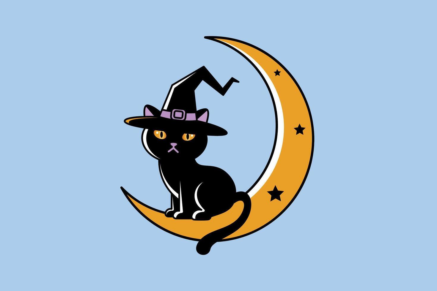 Black Cat in a Witch Hat Sitting on a Crescent Moon Under Starry Sky vector