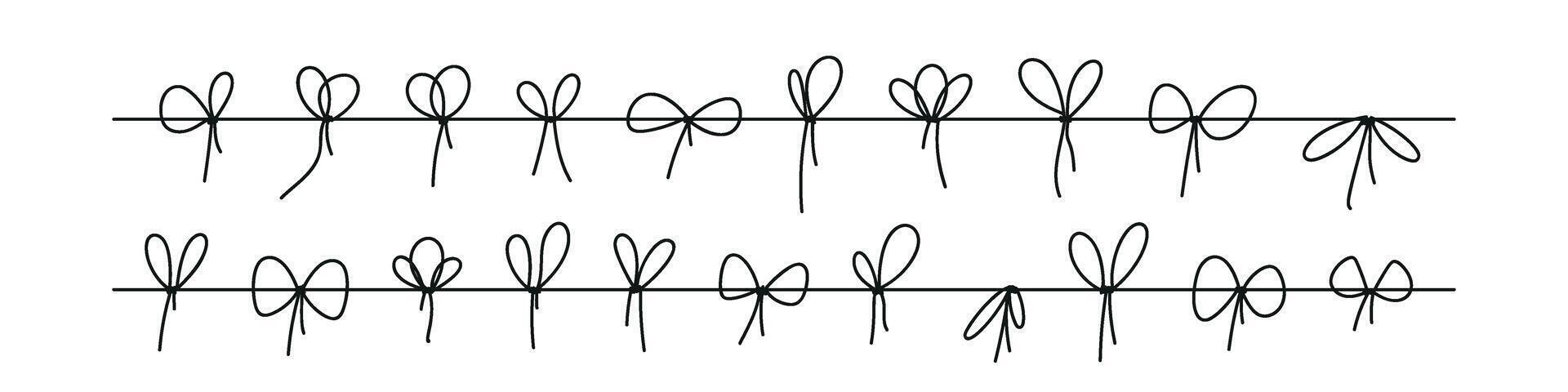 Black bow with tied rope and ribbon knot. Simple line design of string and thread for gift wrapping or marine cord. Flat illustration isolated on white background. vector
