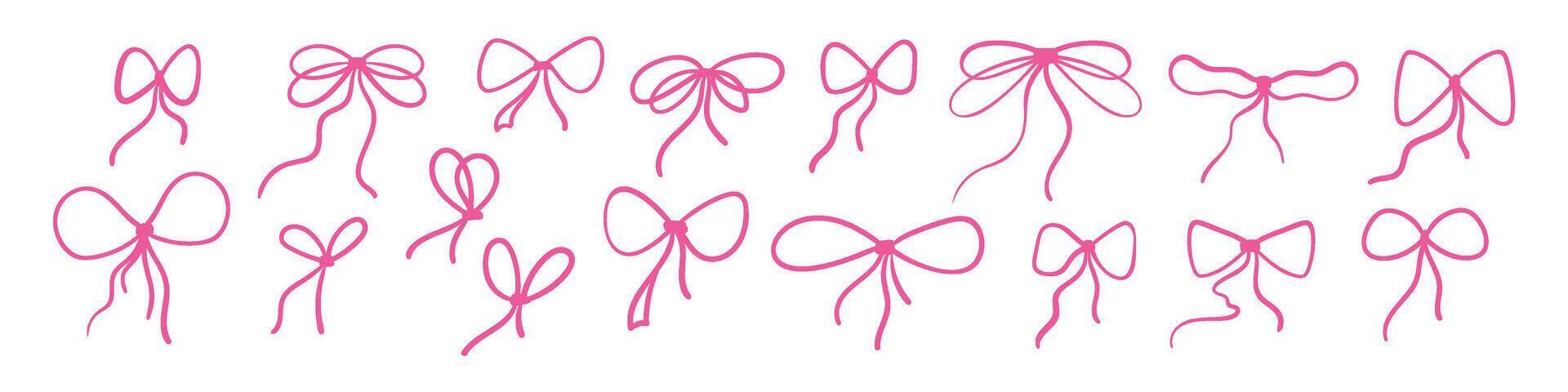 Pink bow with ribbon and lace, cute coquette and girly style. Vintage tie and band Y2K inspired. Flat illustration isolated on white background. vector