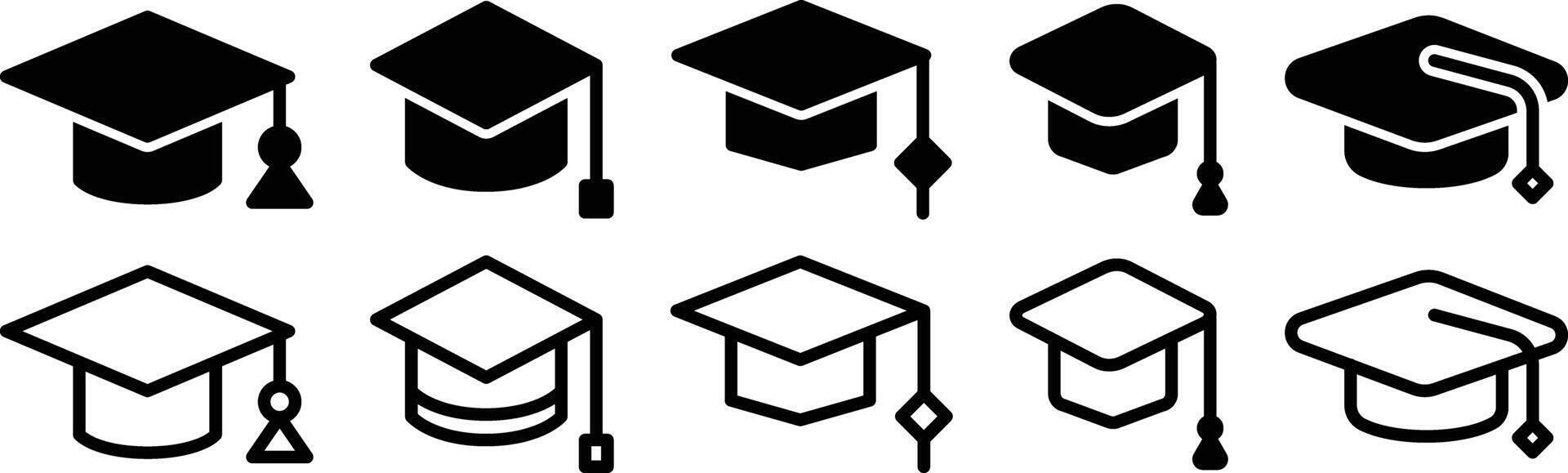 Graduation Cap or Hat Design Set, Graduate College Hat, Student Graduation Cap Icon Set vector