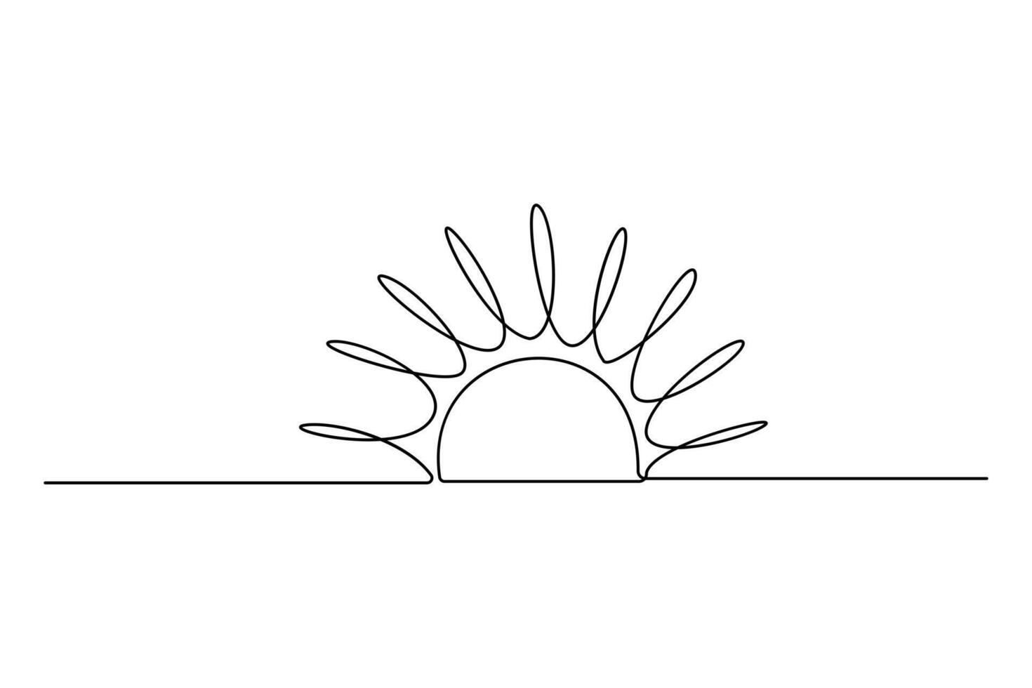 Continuous one line drawing of sun and sunrise, single line sketch sunny summer travel concept outline illustration vector