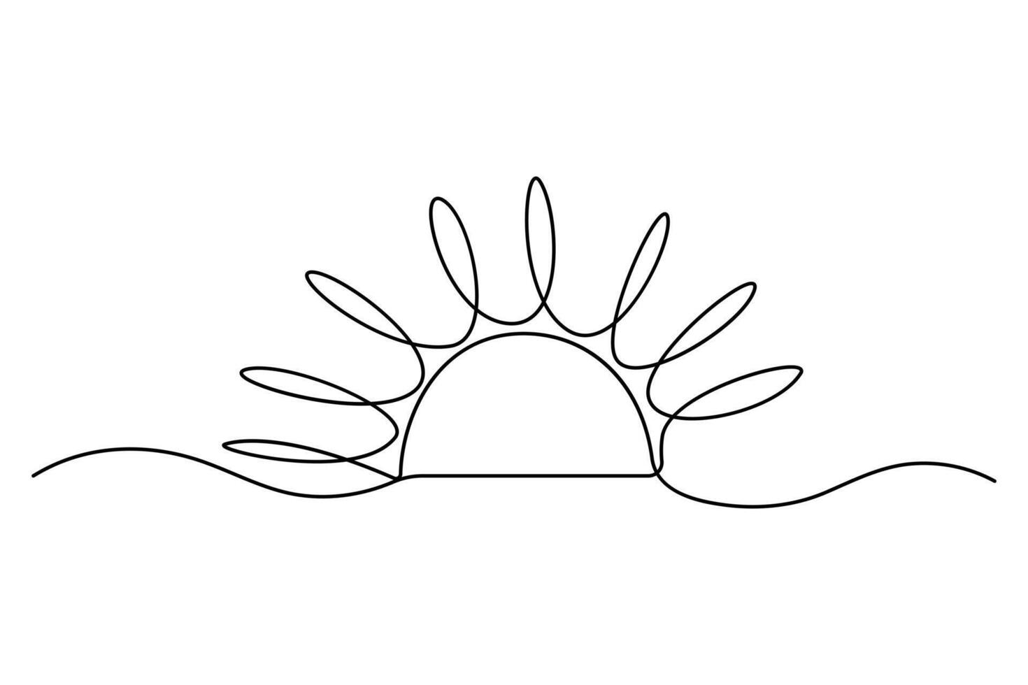 Continuous one line drawing sun and sunrise, single line sketch sunny summer travel concept art illustration of white background vector