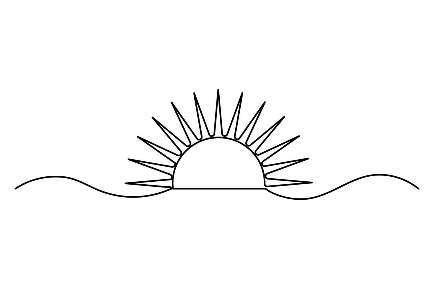 Continuous one line drawing of sun and sunrise, single line sketch sunny summer travel concept outline art illustration isolated on white background vector