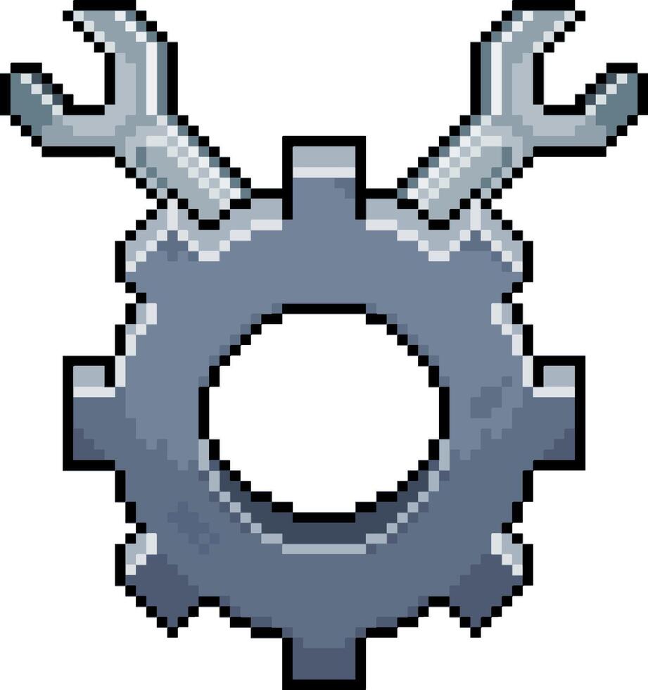 Pixel art of a gear with two wrenches in 8 bit style on a white background vector