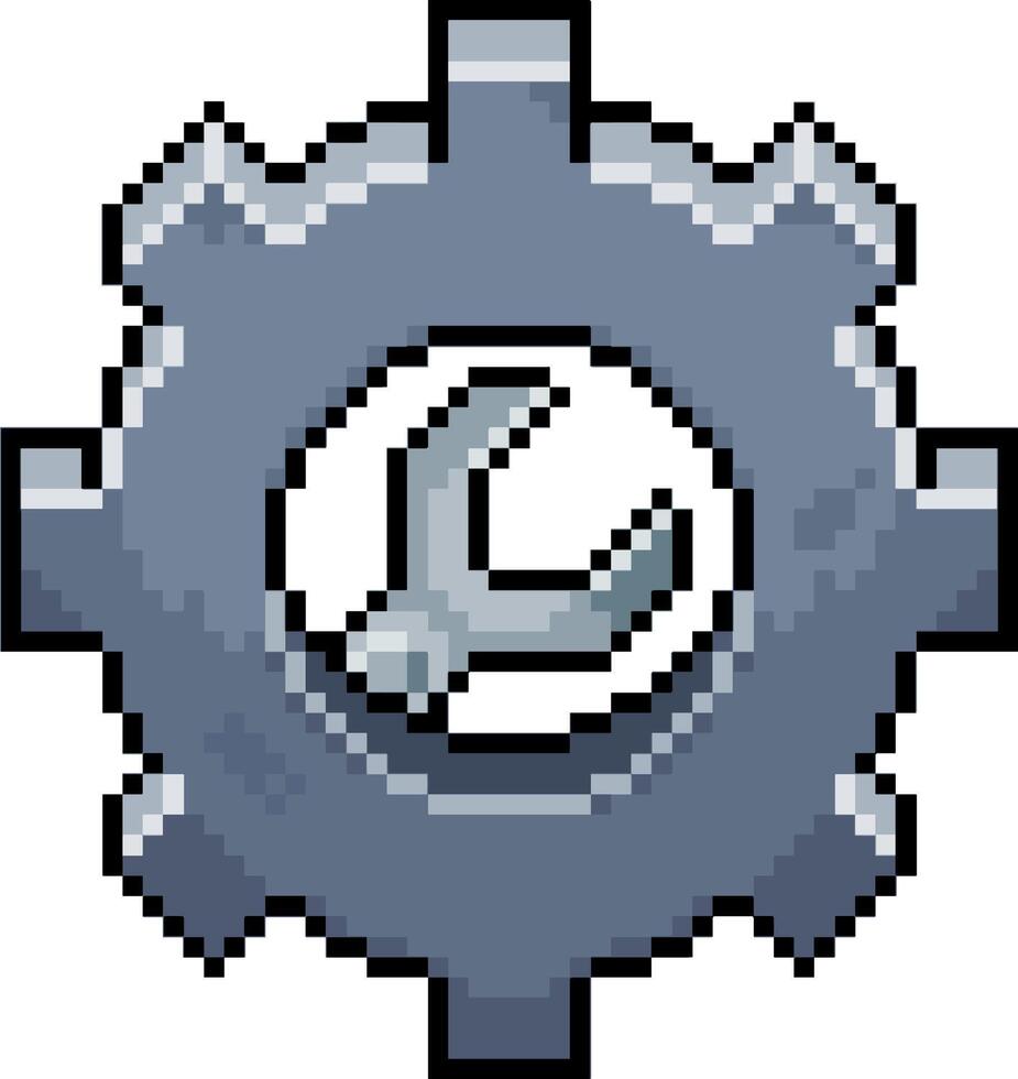Pixel art of a gear with a wrench in 8-bit style on a white background vector