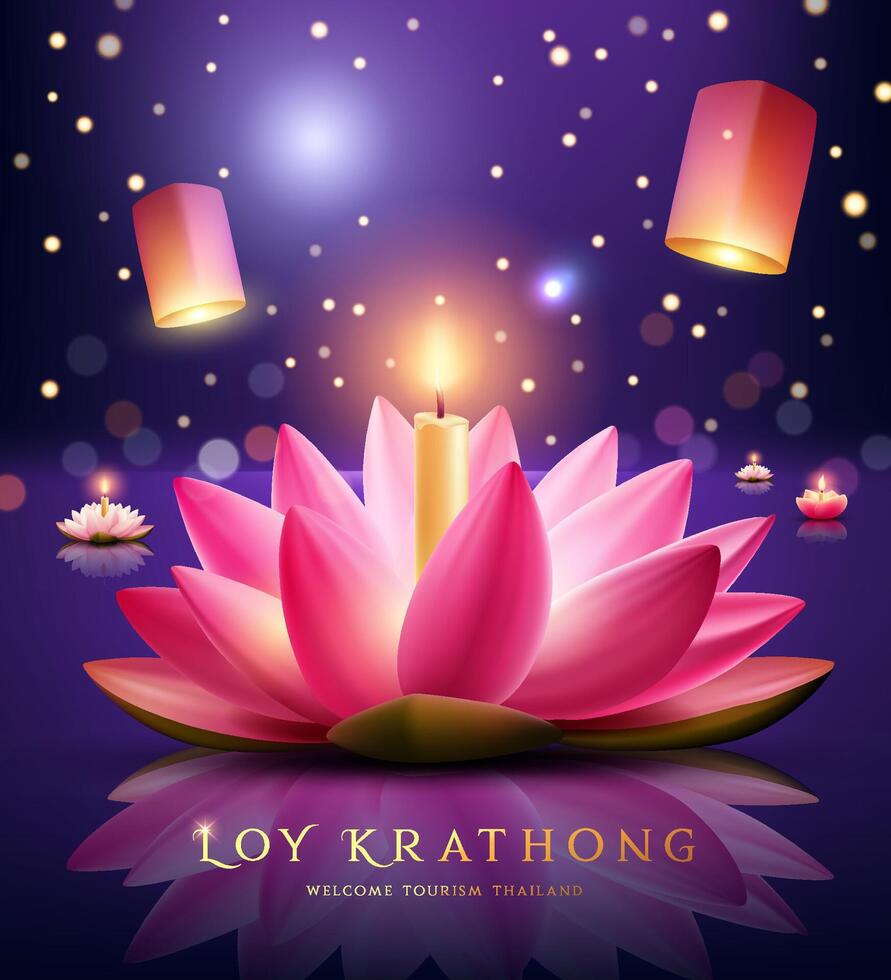 Loy krathong festival thailand, pink lotus flower, at night poster flyer design colorful bokeh background vector