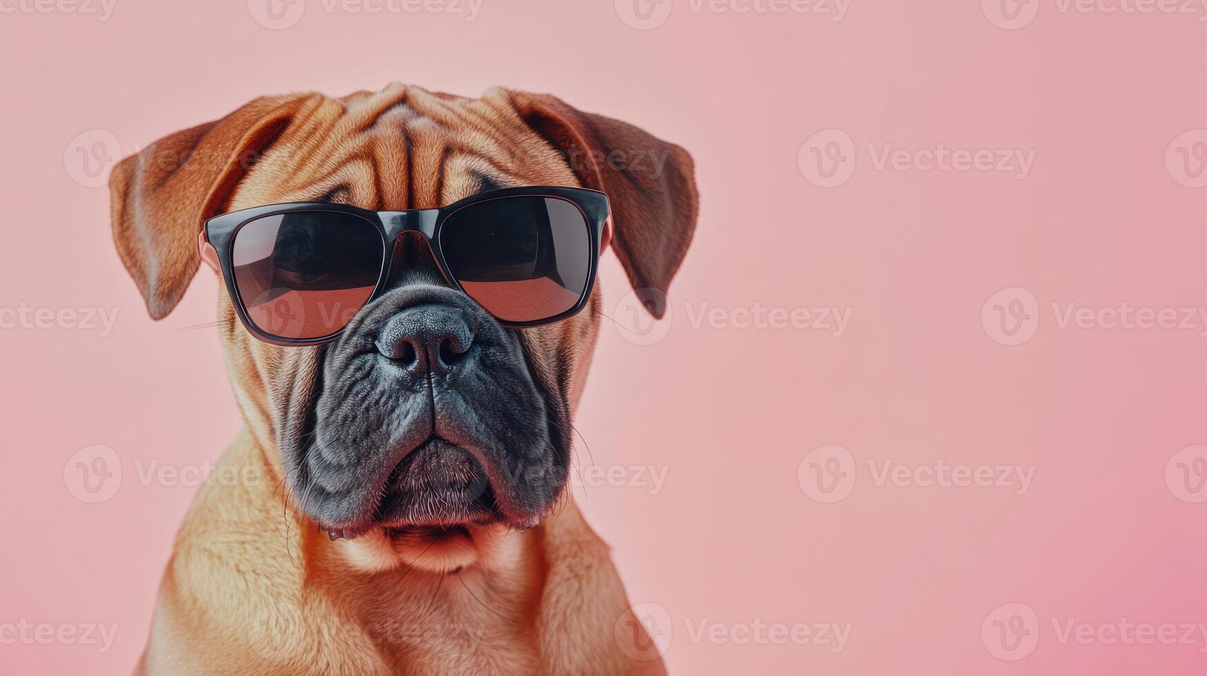 A dog wearing sunglasses on a pink background photo