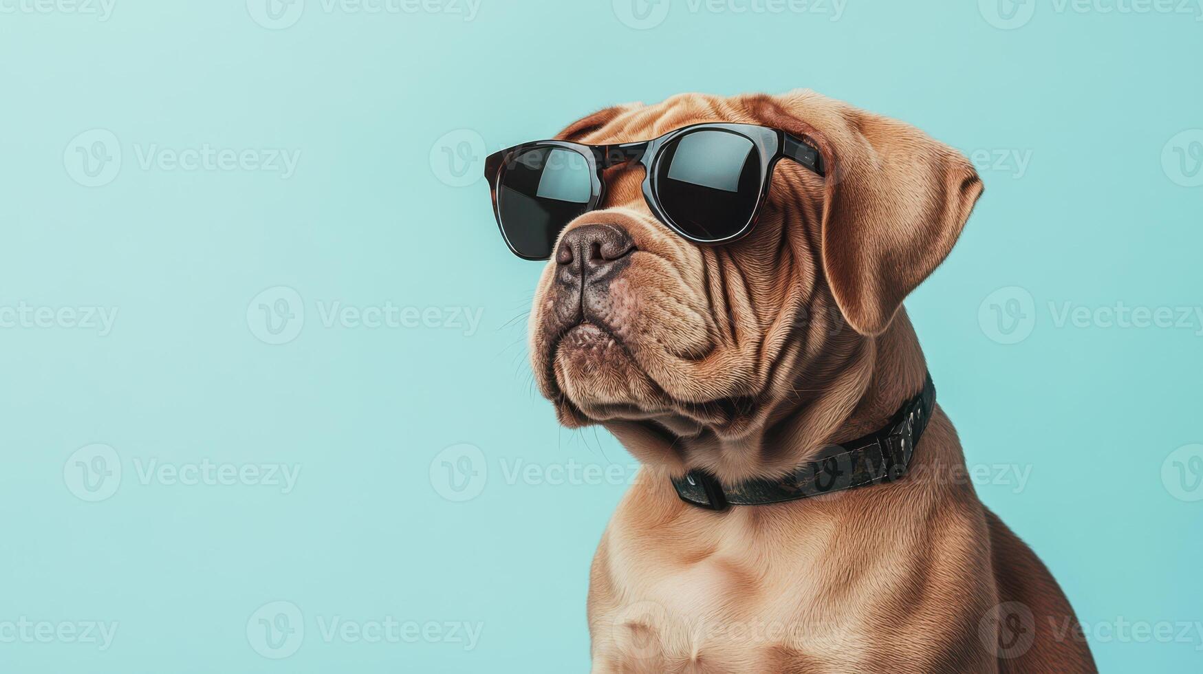 A dog wearing sunglasses on a blue background photo