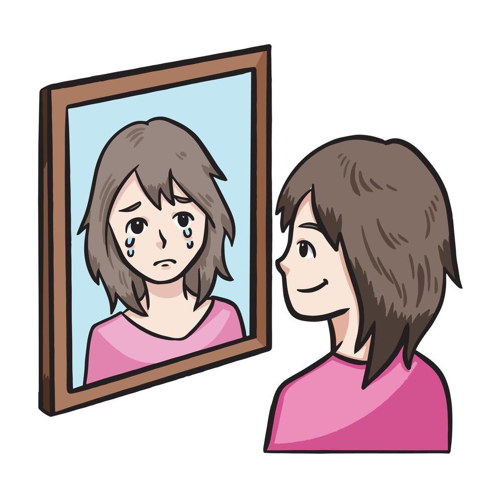 Fake happy emotion, depression, tiredness, grief, or anxiety themed colorful illustration isolated on square white background. Simple flat cartoon art styled drawing. vector