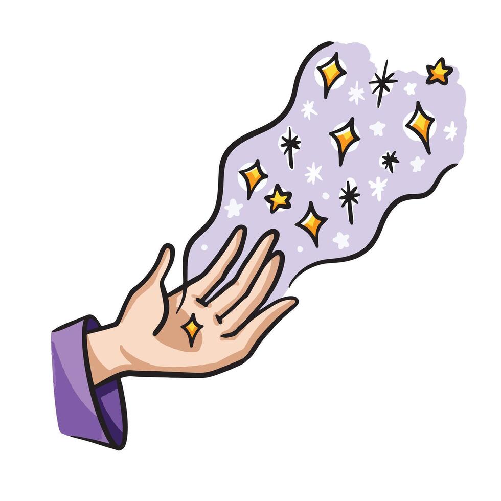 Hand casting magic colorful outlined illustration isolated on square white background. Simple flat cartoon art styled drawing. vector