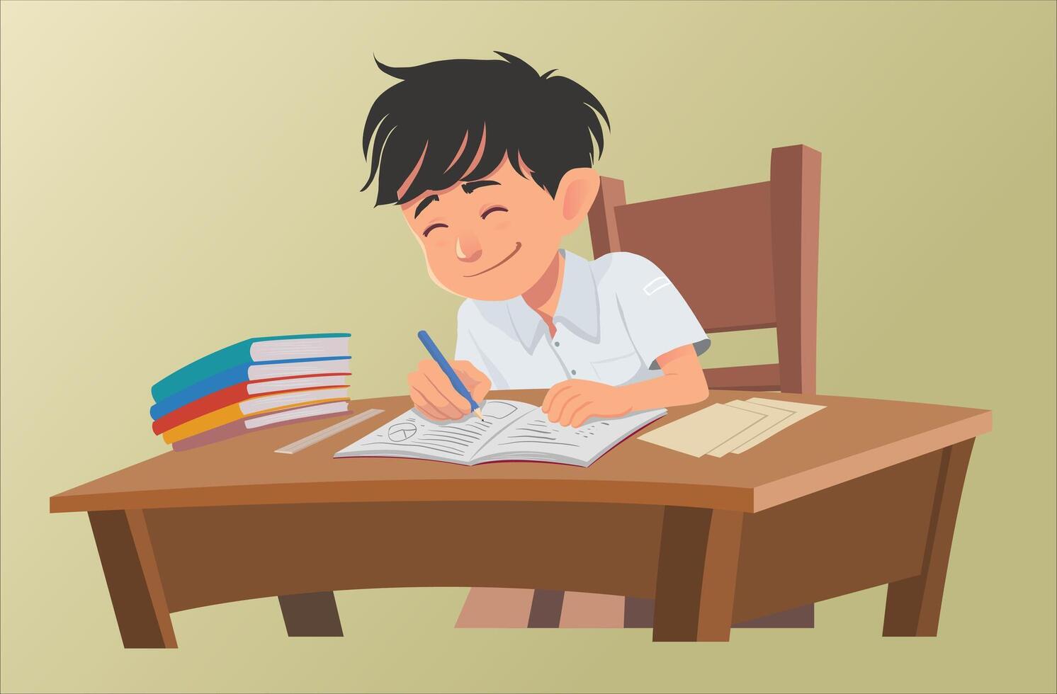cartoon illustration of a boy in elementary school studying math with back to school text vector