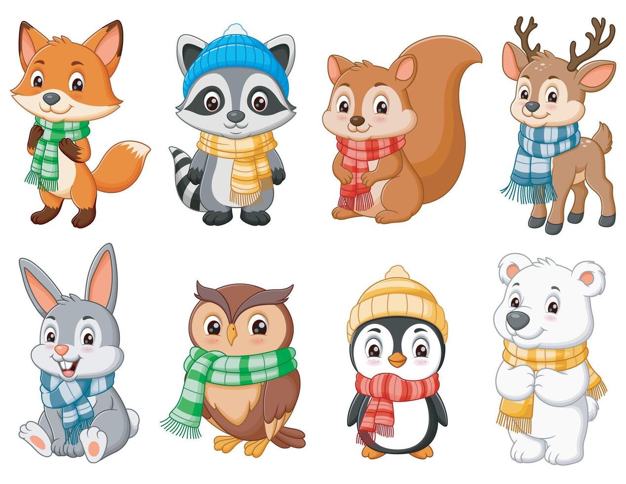 Eight winter animals, including foxes, bears, and owls, in cozy scarves and hats. Perfect for winter themed designs and seasonal projects vector