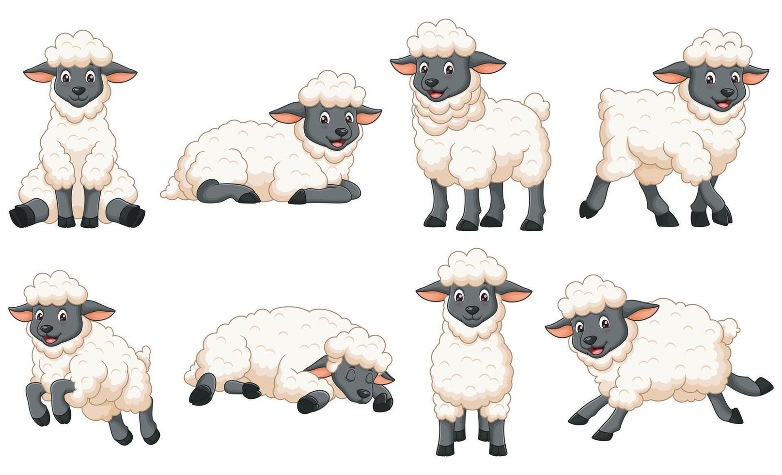 Eight cartoon sheep in various poses, perfect for children's books, educational resources, and farm themed designs. Cute and versatile illustrations vector