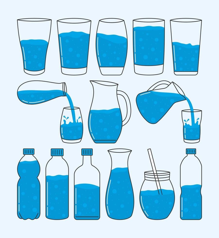 Assortment of blue beverages mineral water displayed in different containers, including bottles, glasses, and a pitcher. vector