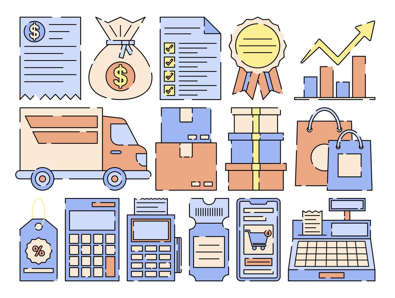 A collection of shopping and sales symbols including receipts, money bags, charts, and invoices, shopping bag, and calculator representing business transactions and budgeting. vector