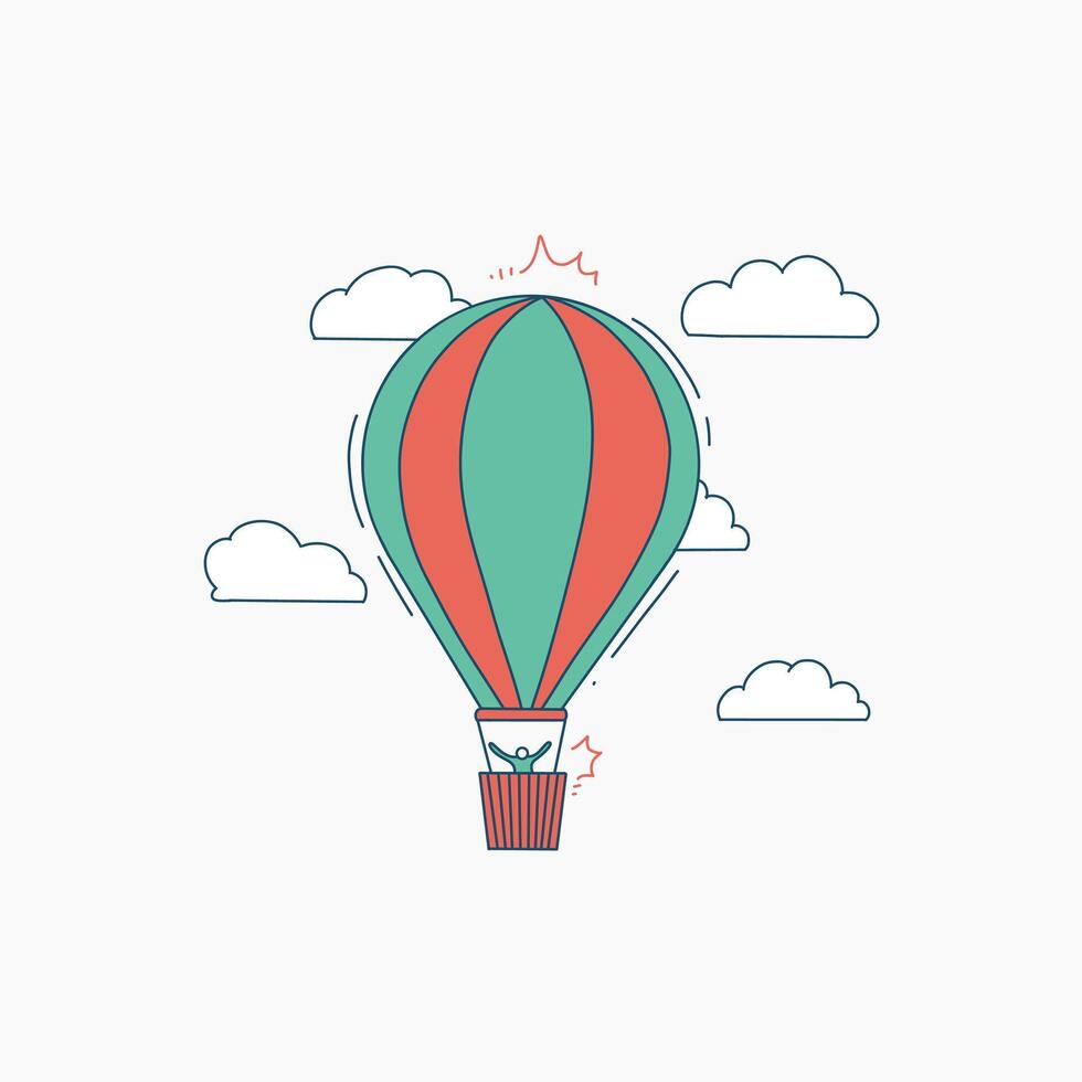 A red and green hot air balloon with a person inside, flying through the clouds vector