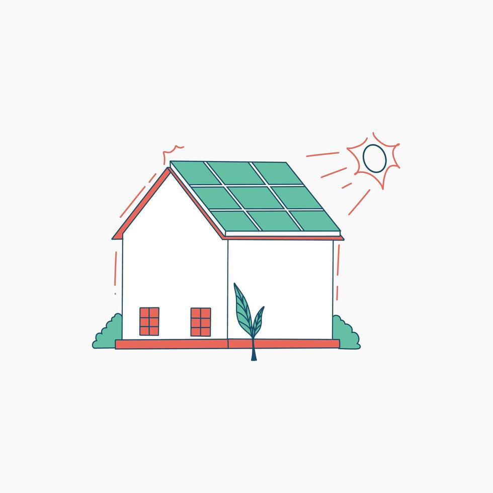 Illustration of a house with solar panels on the roof, under the sun vector