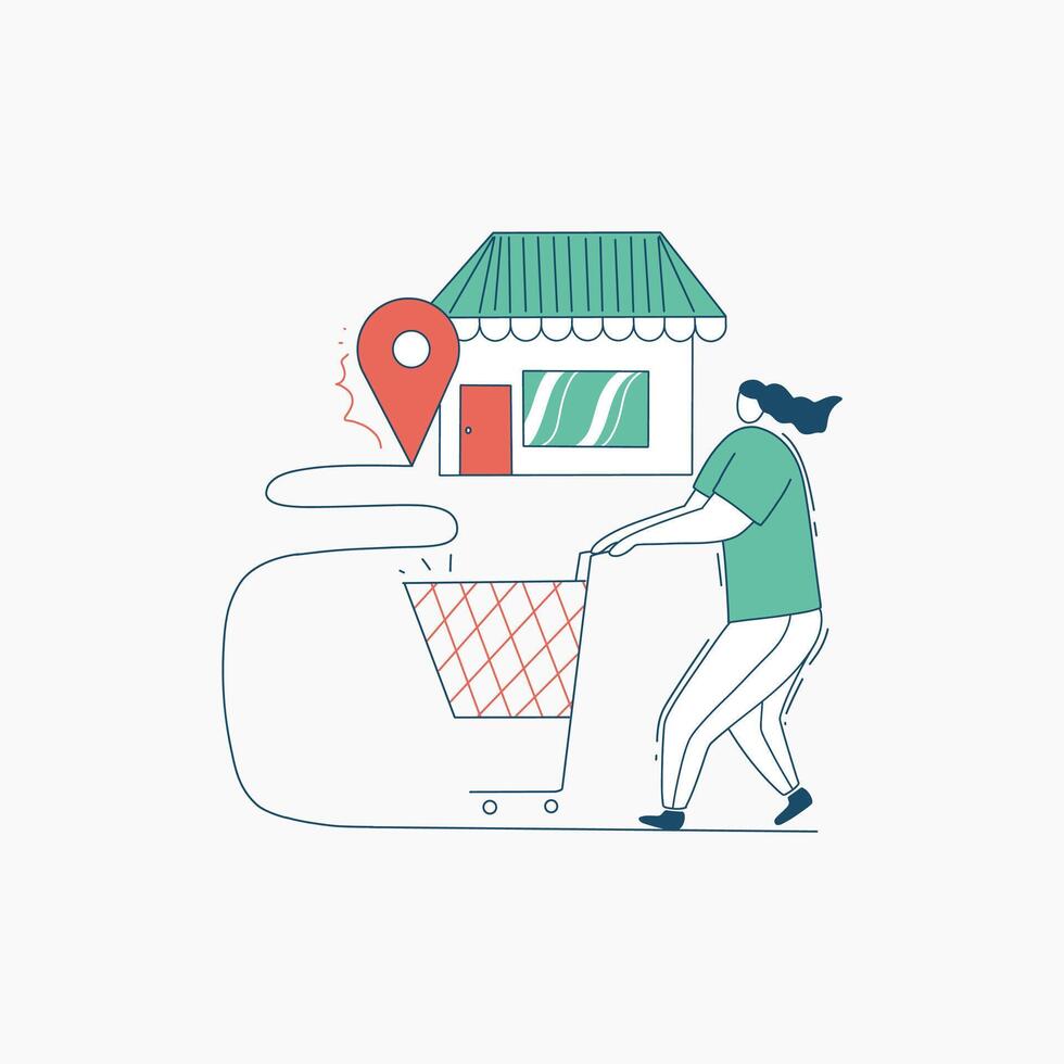 Woman pushing a shopping cart towards a store with a location pin above it vector