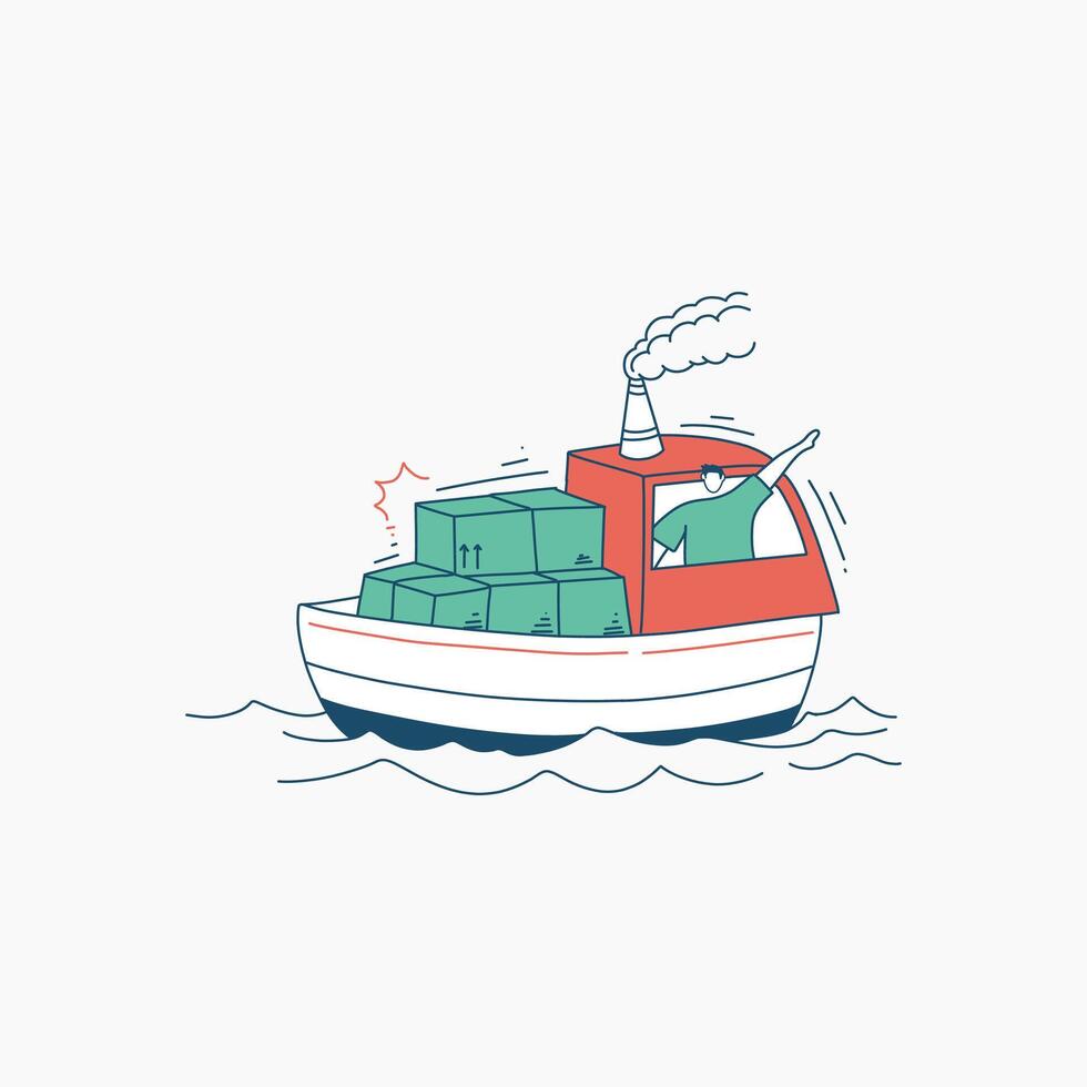 Cartoon Illustration of a Man Driving a Small Boat with Cargo Boxes vector