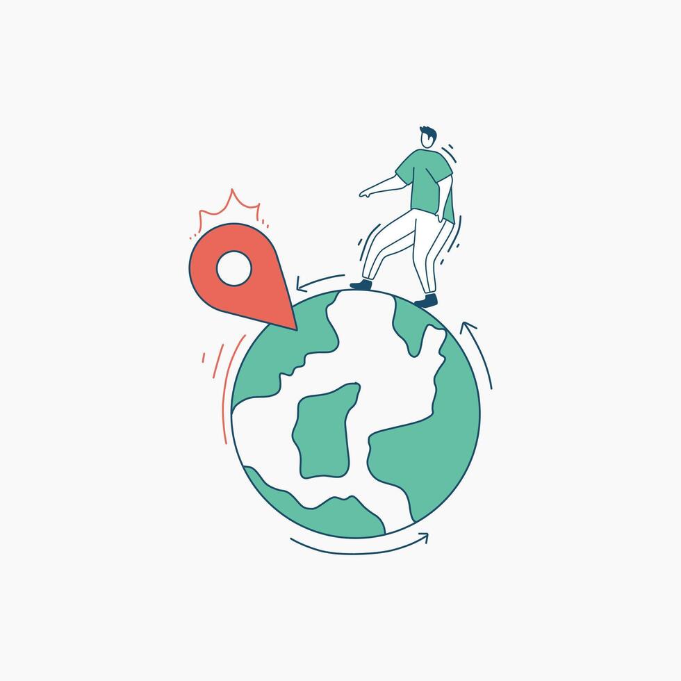 Person Walking Around the Globe with a Red Pinpoint Location vector