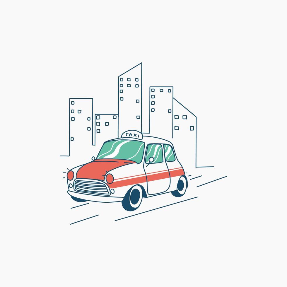 A Cartoon Taxi Driving Through a City Skyline vector