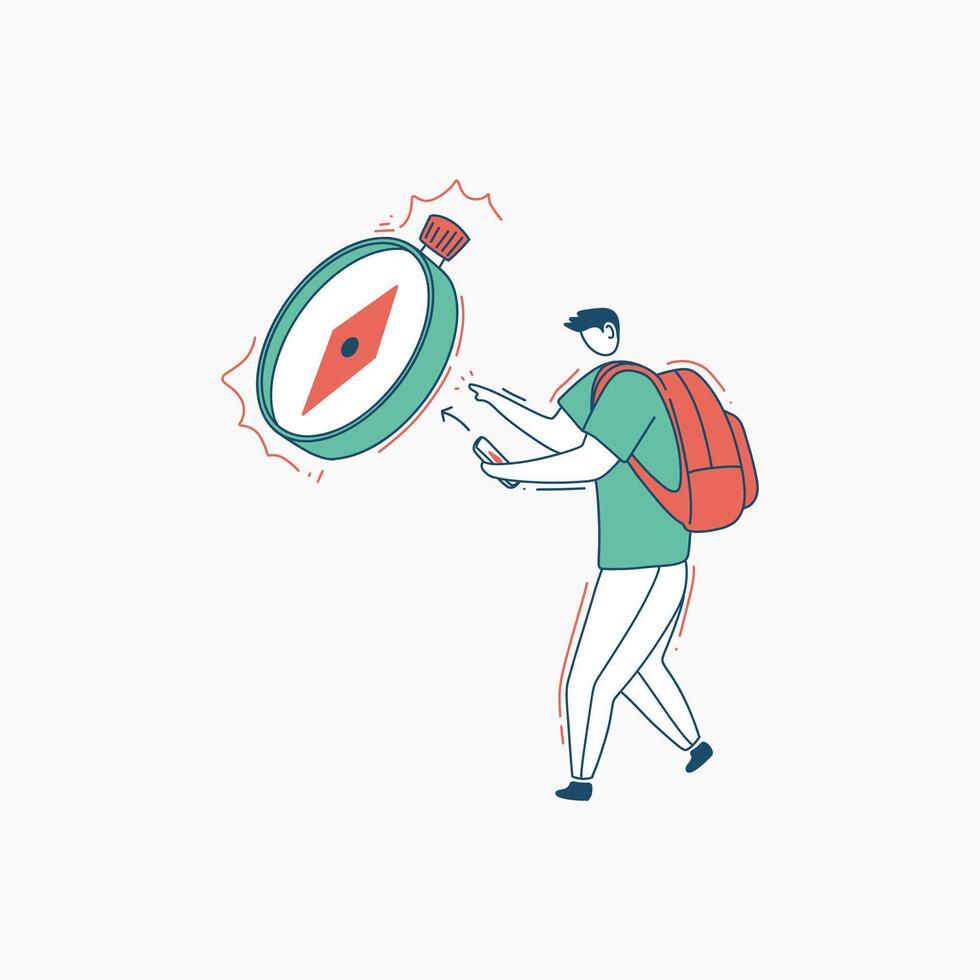 A person with a backpack pointing at a compass vector