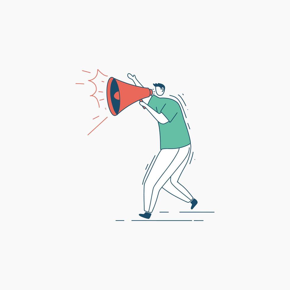A Man Shouting into a Megaphone with a Big Red Blast Behind Him vector