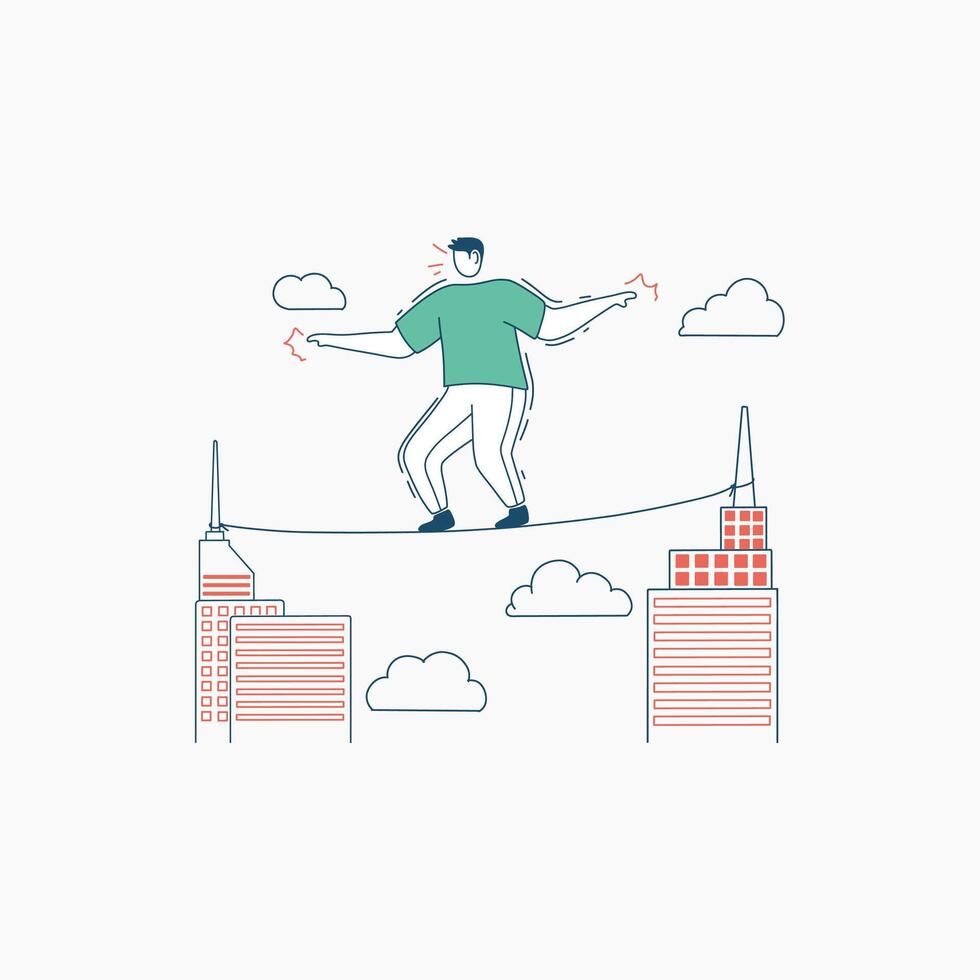 A Man Balancing on a Tightrope Between Two Buildings vector