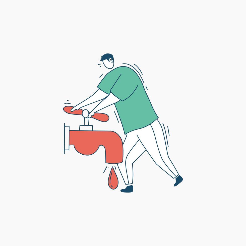 A man struggles to turn off a dripping faucet vector