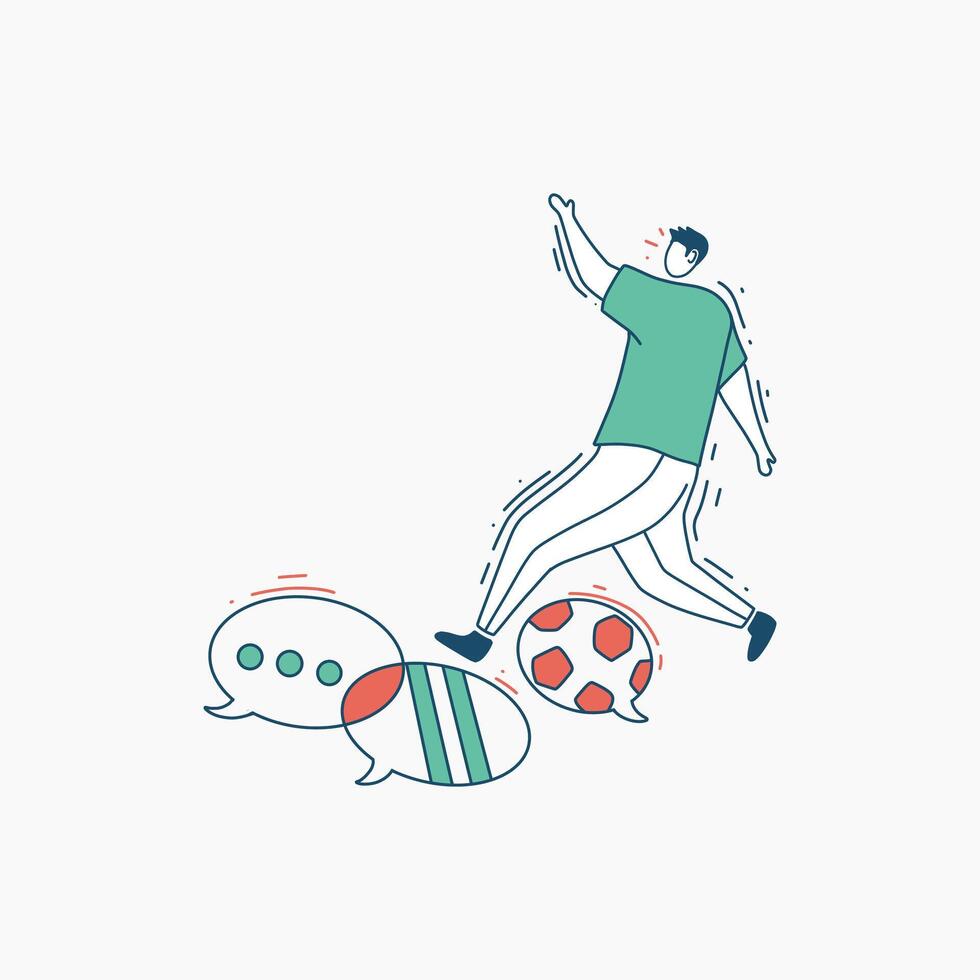 Cartoon Illustration of a Man Kicking a Soccer Ball with Speech Bubbles vector