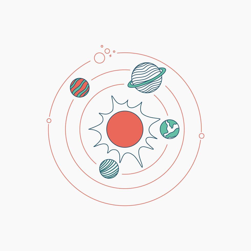 A stylized line drawing depicting a red sun with four planets orbiting in red circular paths. vector