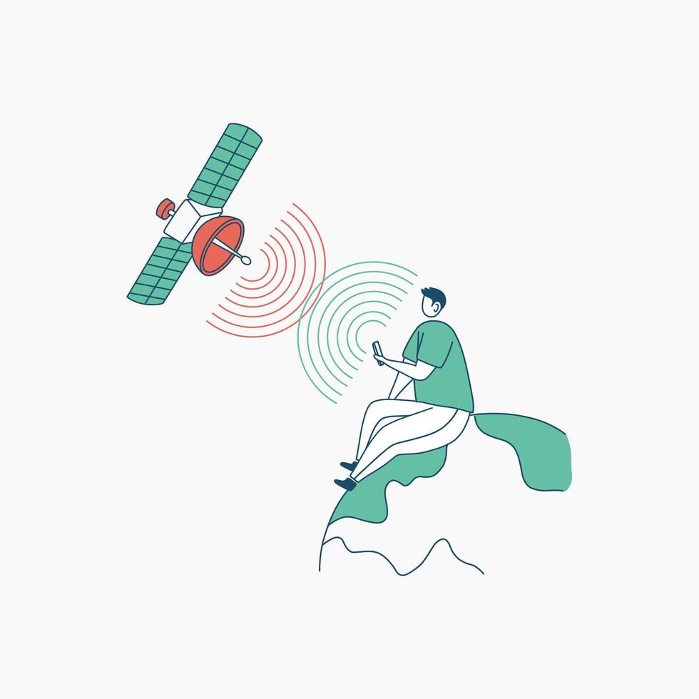 Satellite Signal Reaching a Man Using His Phone vector