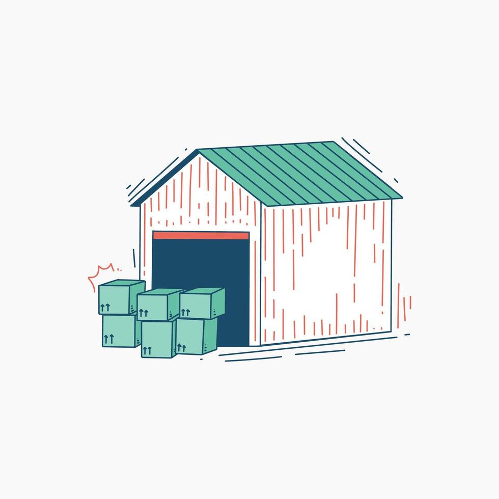 A cartoon illustration of a warehouse with boxes stacked outside vector