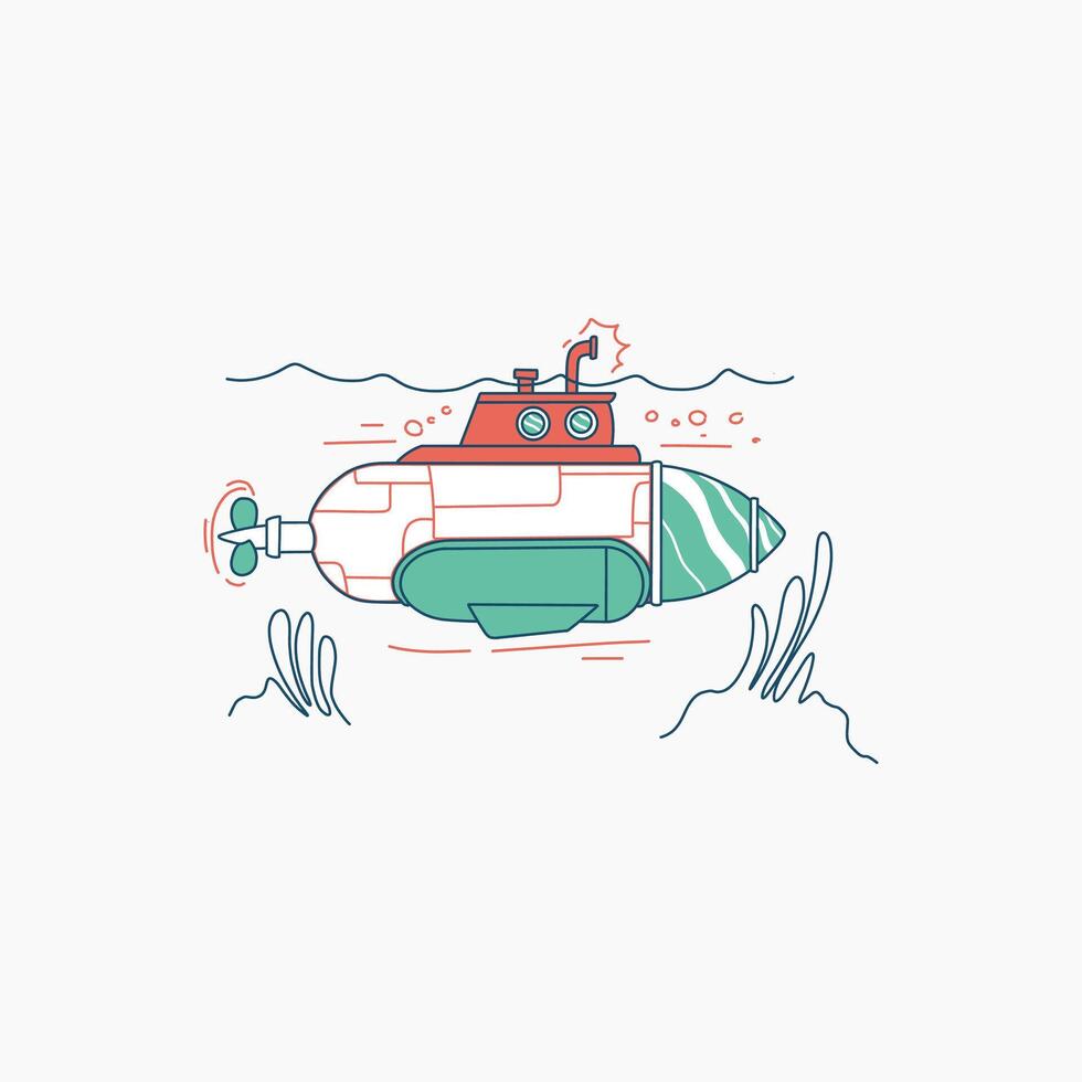 Cartoon Submarine with Red Conning Tower and Green Hull Under Water vector