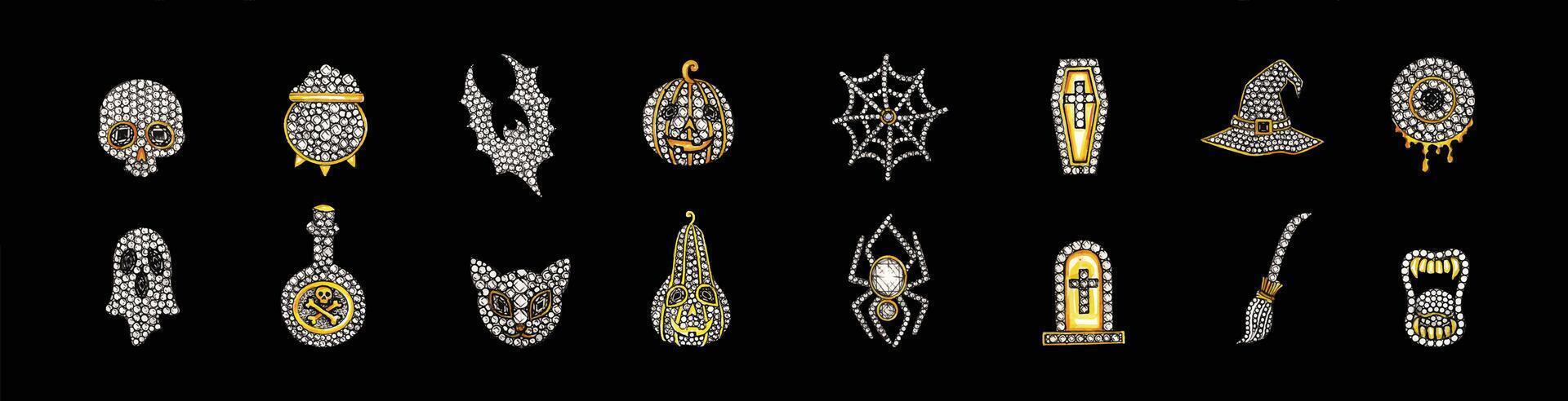Halloween gemstone icons collection. This image showcases a collection of 16 intricately designed Halloween-themed icons adorned with shimmering gemstones. vector
