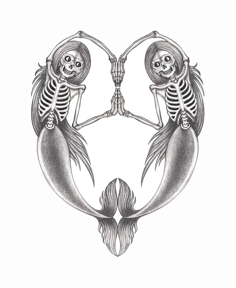 Skeleton mermaid sirens of the depths.A captivating depiction of a skeletal mermaid in a curled, graceful pose. This image captures the eerie beauty of mythical creatures, suggesting mystery. vector