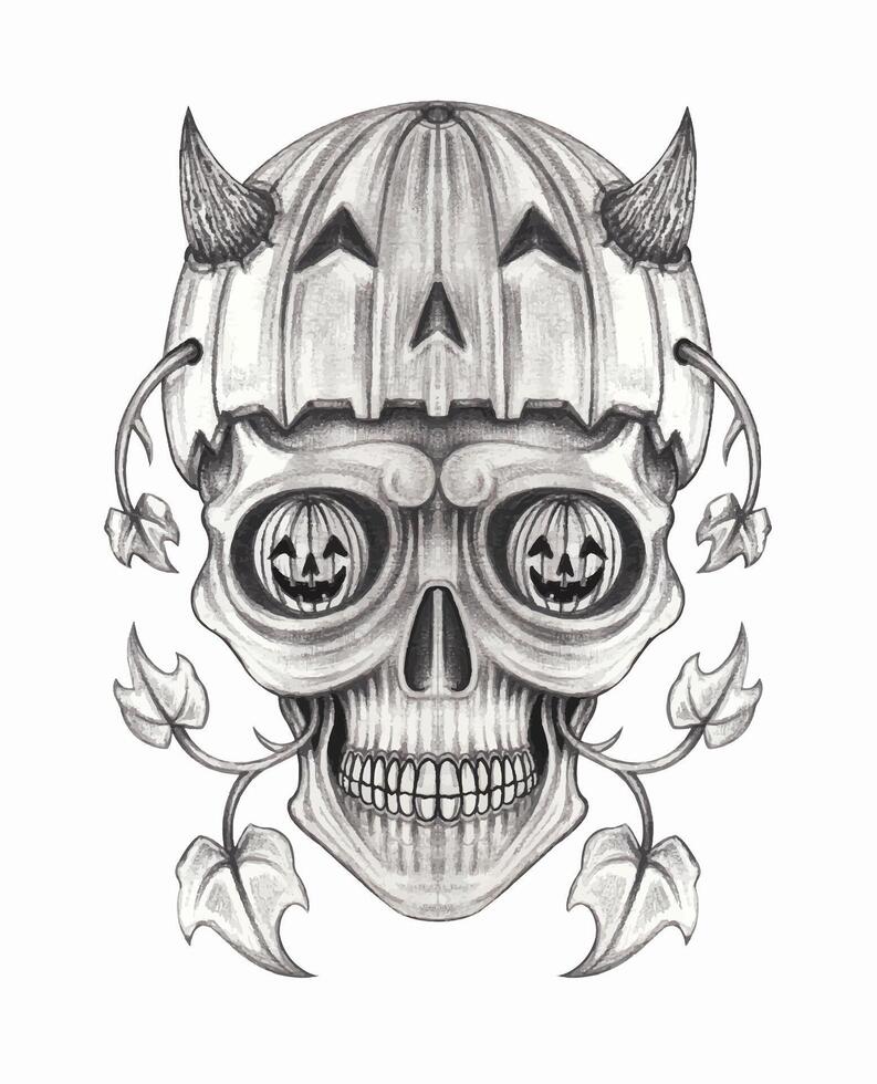 Surreal art skull and pumpkin hand drawing make graphic . vector