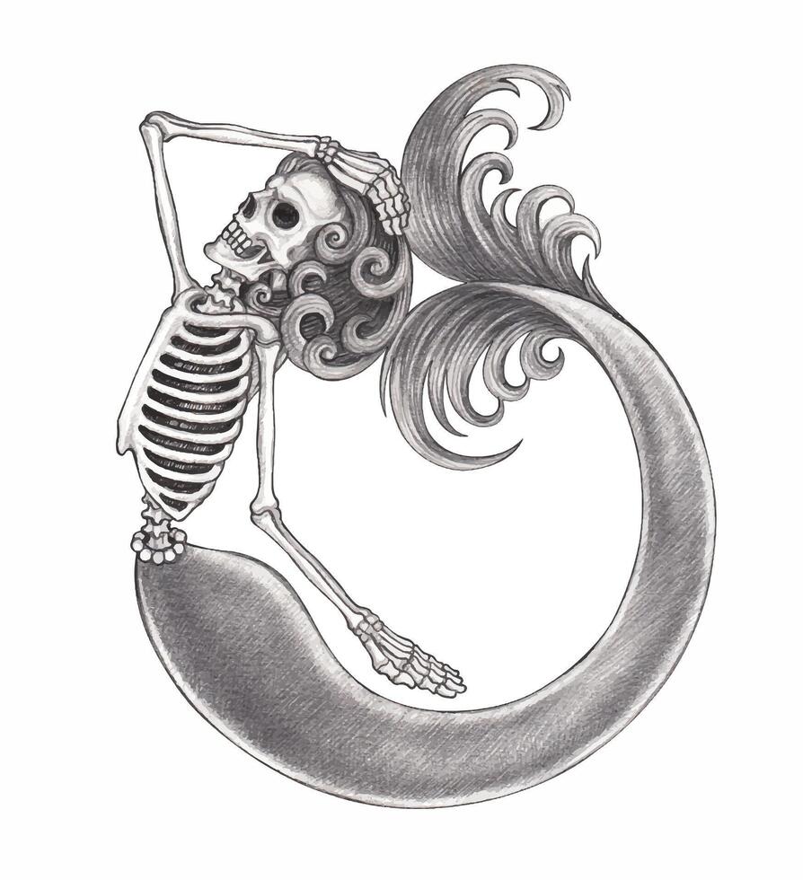 Lament of the Deep skeletal mermaid. This artwork portrays a skeletal mermaid in a reflective, almost sorrowful pose, one arm resting on her head, and her elegantly flowing tail forming a spiral. vector