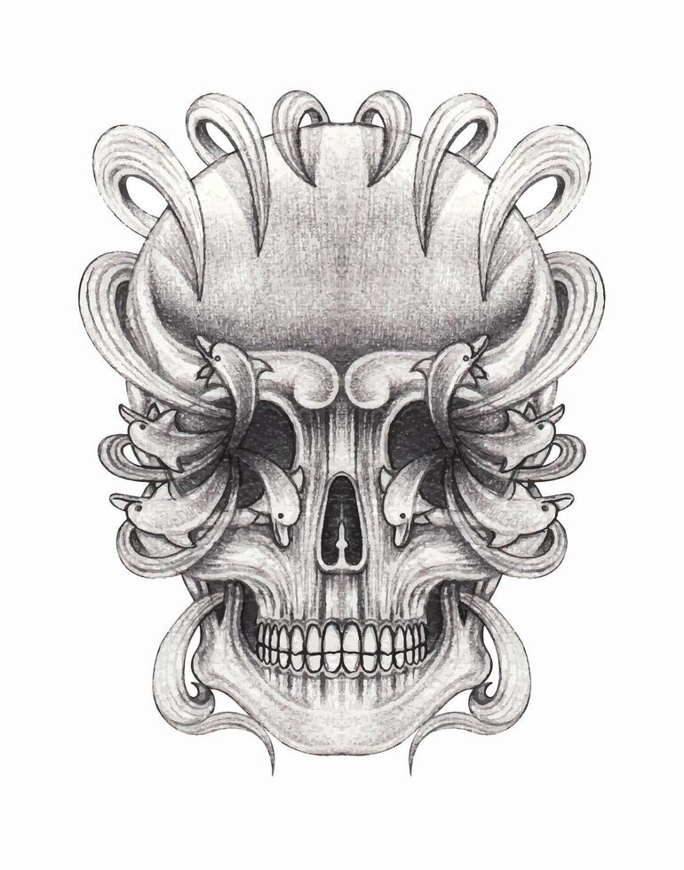 Medusa skull with serpent hair hand drawing and make graphic . vector