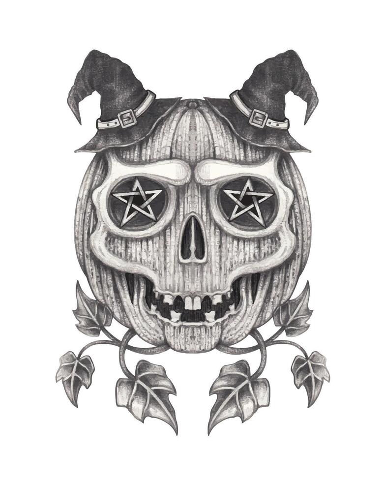 Witchy pumpkin skull with pentagram eyes A detailed black and white drawing of a skull embedded into a pumpkin, blending eerie Halloween elements with mystical symbolism. vector