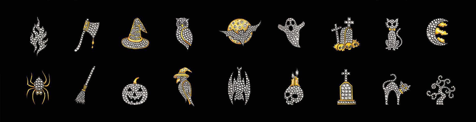 Halloween gemstone Icons collection part II.This second collection of Halloween icons features 18 more gemstone-encrusted symbols of the spooky season. vector