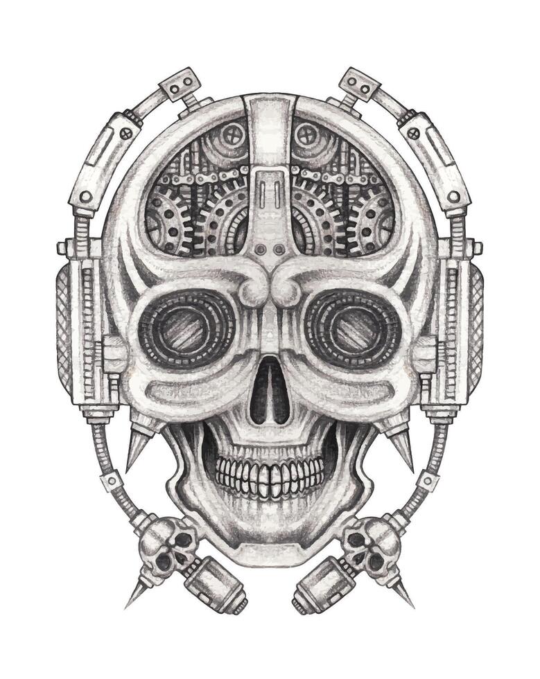 Cyber skull with mechanical gears hand drawing and make graphic . vector