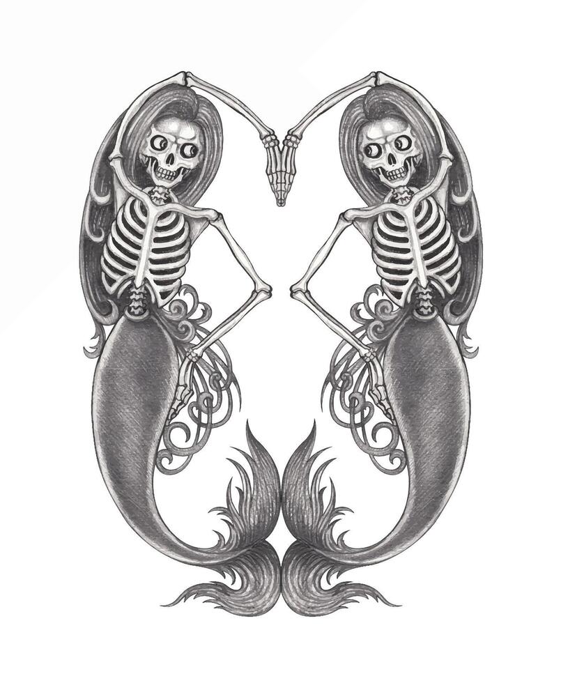 Twin skeleton mermaids symmetry of the abyss Two skeletal mermaids mirror each other, forming a heart-like shape. The composition conveys themes of duality, beauty, and the dark mysteries of the sea. vector
