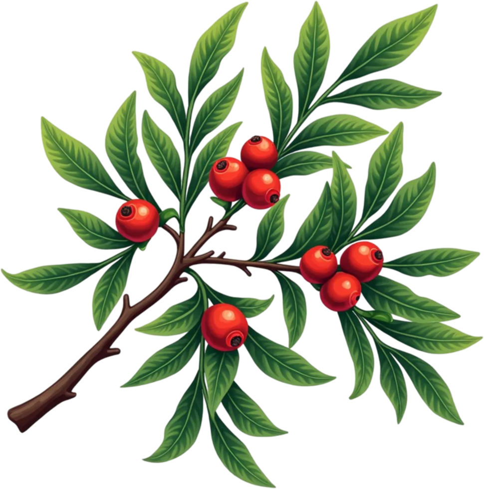 Mistletoe Branch with Vibrant Green Leaves and Red Berries png
