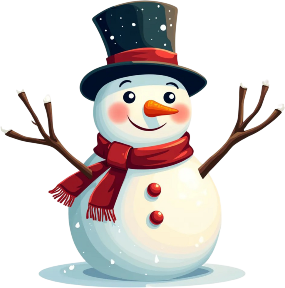 Cute Snowman with Carrot Nose, Scarf, and Top Hat for Festive Winter and Holiday png